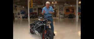 Image of Jay Leno with the Harley Davidson Electric Motorcycle